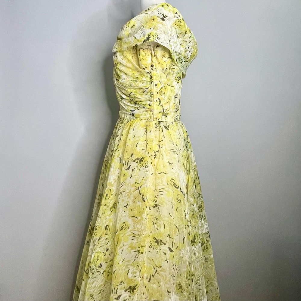 EMMA DOMB Vintage 1950’s Floral Print Off Shoulder Chiffon Gown Maxi Dress - Picture 6 of 11